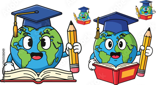 Cartoon globe mascot wearing graduation cap and holding pencil, educational world earth character reading book, school and global learning vector set