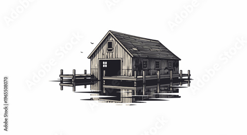Rustic wooden structure with water reflection and distant birds