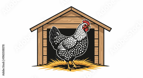 Chicken in a wooden coop, standing on straw