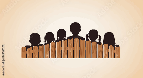 Children's silhouettes peek over a rustic wooden fence on a light background