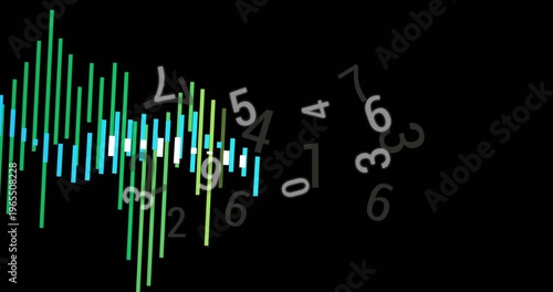 Audio viz reacting to playback, growing bars, emerging waveform with digits rotating to show levels