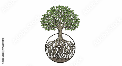 Stylized tree with visible roots within a circle