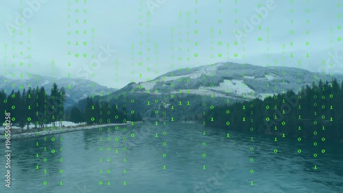 River flowing steady, on play green binary rain appearing and fading over water for tech demo