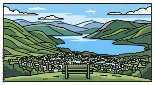 Serene village nestled by a calm lake, surrounded by green hills