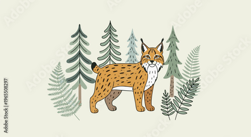 Cartoon lynx stands among stylized trees and ferns in a pale background