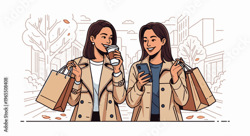 Two women enjoy a casual outing with shopping bags and coffee