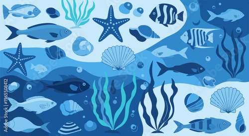 Undersea scene with fish, starfish, seashells and kelp