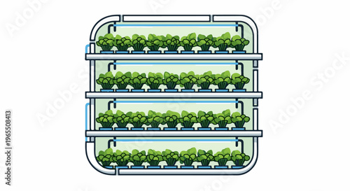 Vertical farm with multiple levels of green leafy plants under artificial lights