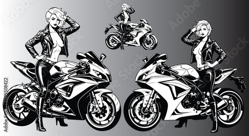 Biker girl vector set with sport motorcycle, sexy woman in leather jacket posing with motorbike, monochrome female rider illustrations