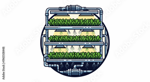 Vertical hydroponic farm with three levels of lush green plants growing under artificial lights