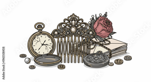 Vintage objects comb, pocket watch, rose, envelopes, and buttons