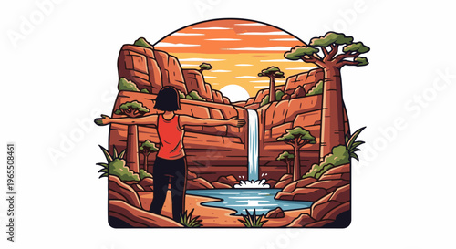 Woman embraces a scenic waterfall vista at sunset in a rocky canyon