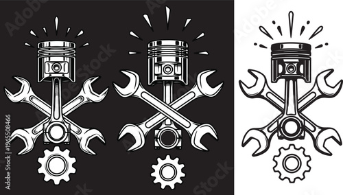 Vintage engine piston and crossed wrenches vector set, monochrome mechanic garage emblem, industrial car repair service logo elements