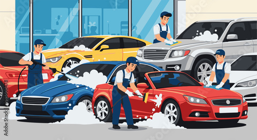 Workers meticulously wash and wax a variety of vehicles in a vibrant car wash bay