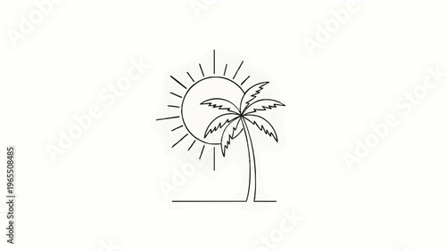 Minimalist Palm Tree Sun Line Art, Tropical Vacation Icon, Summer Beach Design