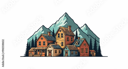 Cozy mountain village with charming houses and tall evergreen trees