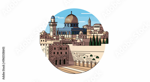 Stylized illustration of ancient buildings and domes under a blue sky