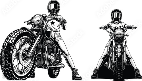 Vintage motorcycle girl vector illustration, retro biker woman in helmet on custom chopper, black and white cafe racer motorbike art