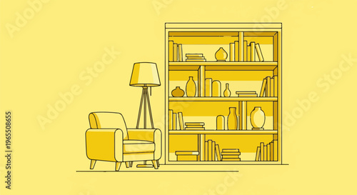 Cozy reading nook with a plush armchair and a tall bookshelf