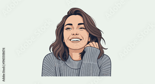 Pixelated portrait of a smiling woman with brown hair in a gray sweater