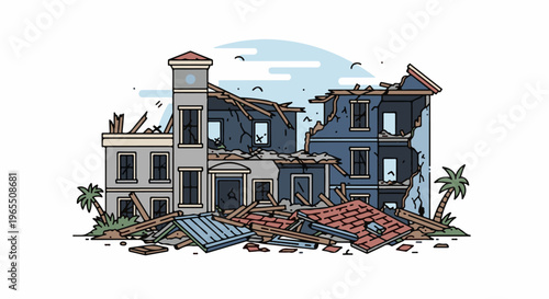 Damaged buildings and debris, with palm trees under a cloudy sky