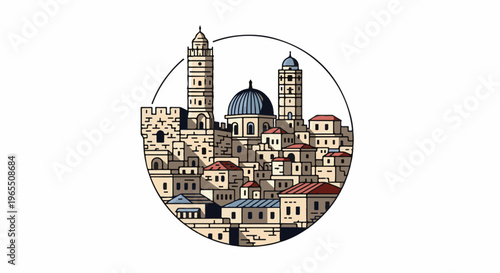 Stylized illustration of ancient cityscape with domes and towers within a circle