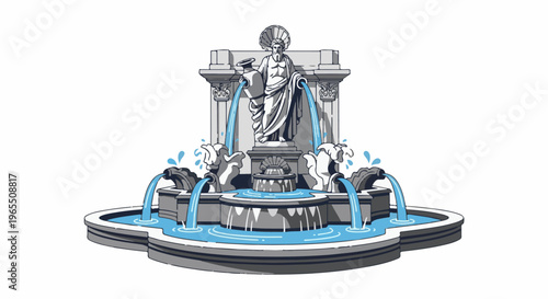 Ornate stone fountain with a classical statue, flowing water, and sculpted spouts