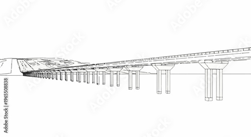 Elevated concrete bridge structure with multiple support columns stretching into the distance