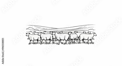 Flock of sheep grazing on rolling hills under a stylized sky