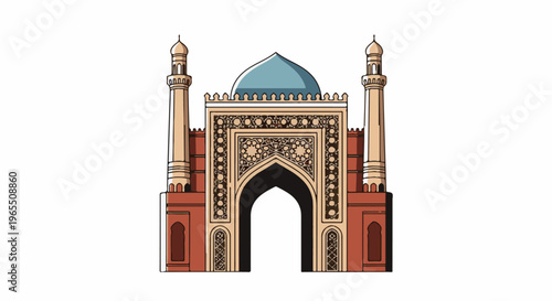 Ornate gatehouse with minarets and dome, featuring intricate geometric patterns