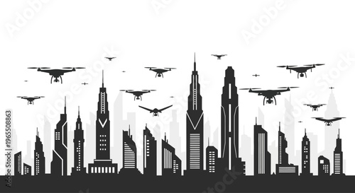 Airplanes fly over city skyscrapers silhouette.
