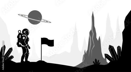 Astronaut standing on distant planet surface.