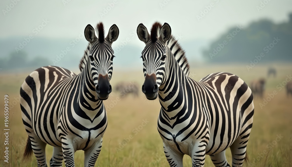 Obraz premium Two zebras stand in a grassy field. Their black and white stripes are clearly visible against the muted background. Other zebras are visible in the distance, suggesting a herd.