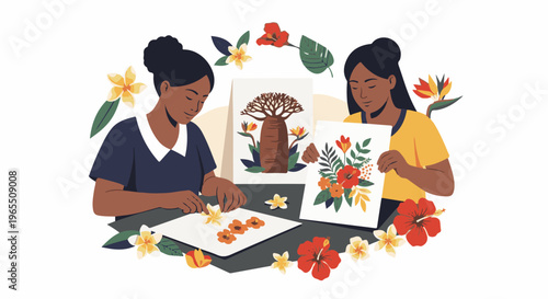 Two women create floral art and nature scenes with bright colors