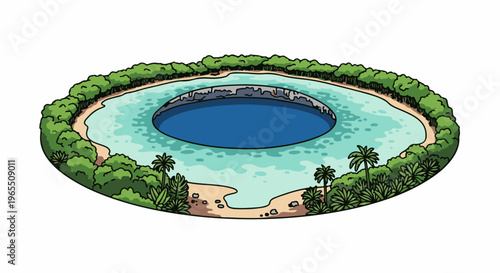 Isometric view of a tropical lagoon with a deep blue circular hole