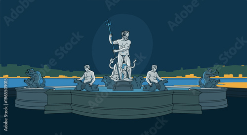 Iconic statue fountain with mythical figures and serene water at dusk