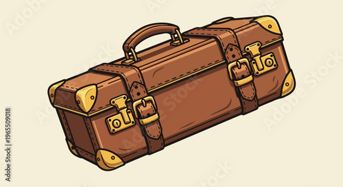 Vintage brown leather suitcase with gold buckles, straps, and handle