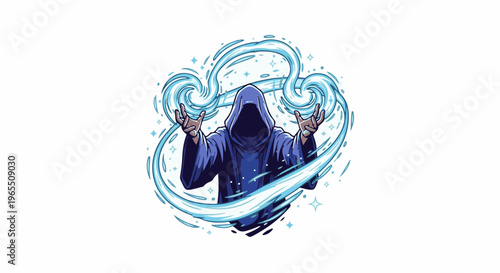 Hooded figure casting blue mystical energy or elemental magic