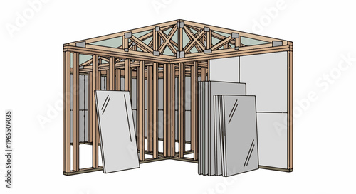 Interior framing and drywall sheets at construction site