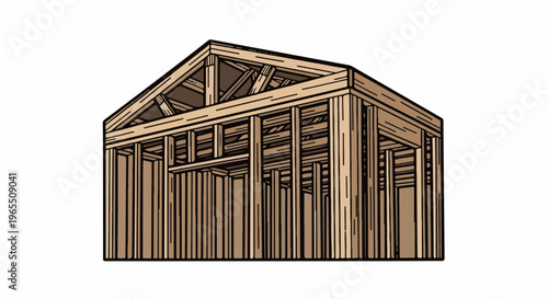 Isometric view of wooden building frame structure, unfinished house walls and roof