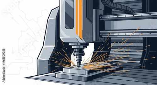 Industrial machine precision cuts metal, sparks fly from drill bit