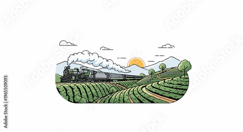 Vintage train travels through lush green terraced hills at sunrise