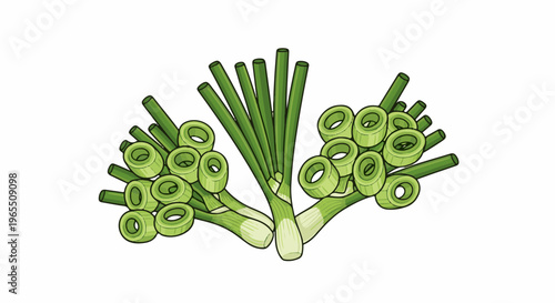 Vivid cartoon illustration of fresh green onions, some whole and some sliced