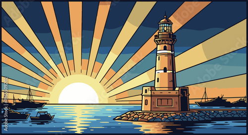 Luminous lighthouse beams pierce dawn sky over calm sea with sailboats