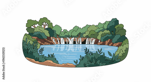 Lush green forest surrounds a cascading waterfall into a serene blue pool