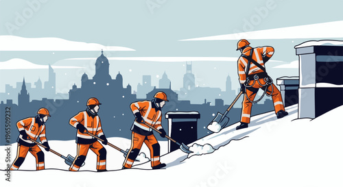 Workers in orange gear clear snow from a rooftop with a city skyline