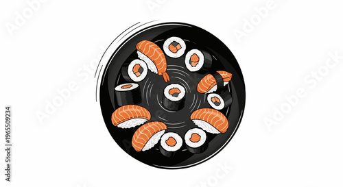 A black plate filled with various salmon and shrimp sushi pieces