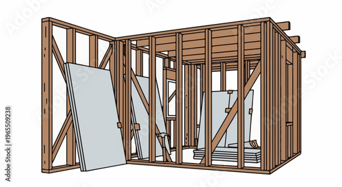 Wooden framing of a building under construction with drywall sheets