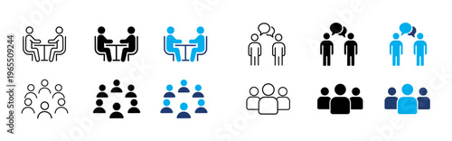 Business Communication Icons Set, Team Meeting Discussion, People Talking, Group Conversation, Partnership and Collaboration Vector Icons