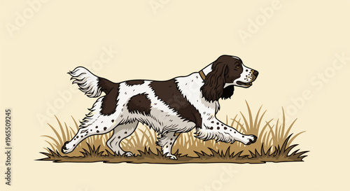 A brown and white spotted dog with floppy ears runs through dry grass